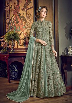 Light Green Embroidered Net Anarkali Kurta Set