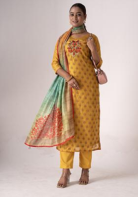 Mustard Resham Embroidered Art Silk Kurta Set