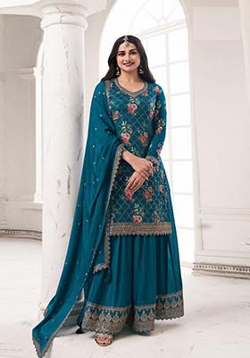 Aqua Blue Zari Embroidered Art Silk Kurta Set