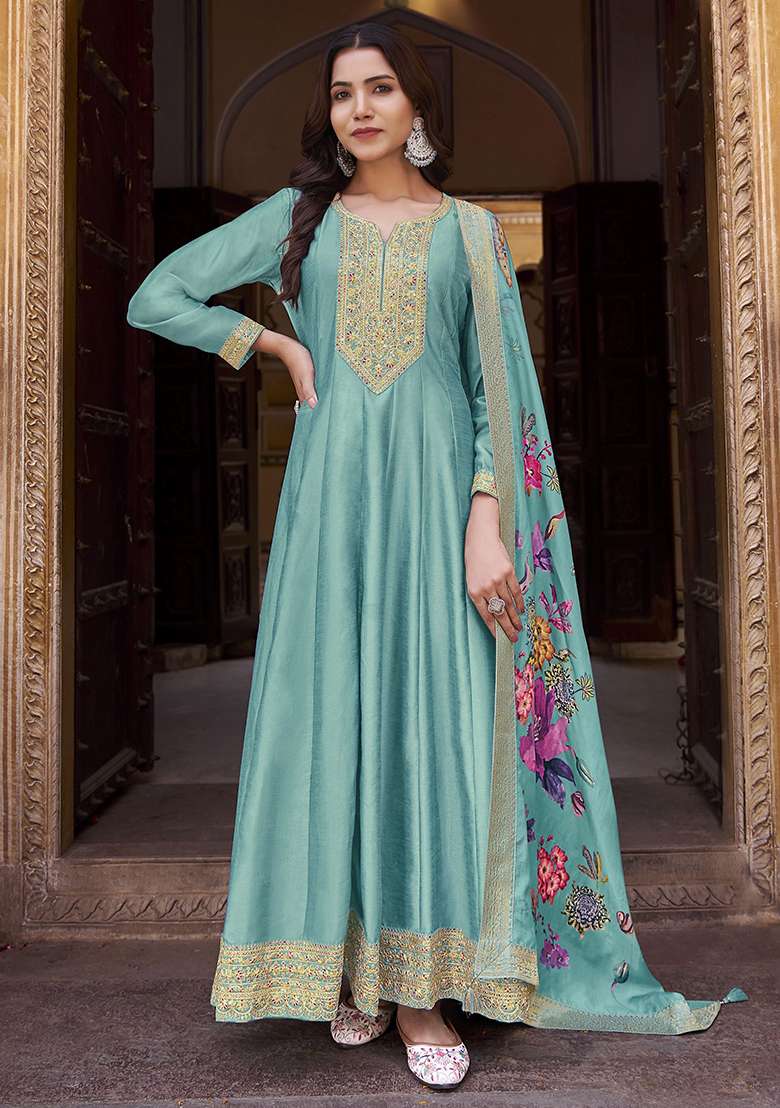 Sky Blue Zari Sequin Embroidered Vichitra Silk Anarkali Kurta Set - Indya