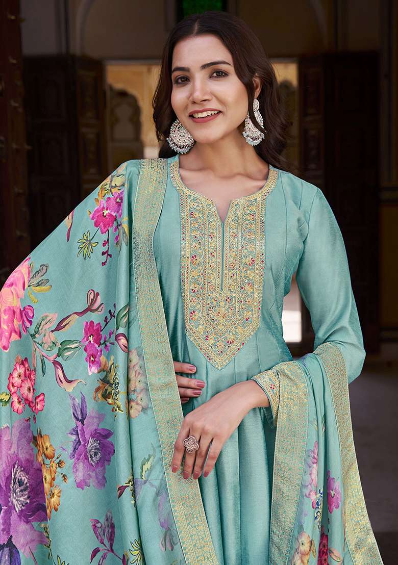 Sky Blue Zari Sequin Embroidered Vichitra Silk Anarkali Kurta Set - Indya