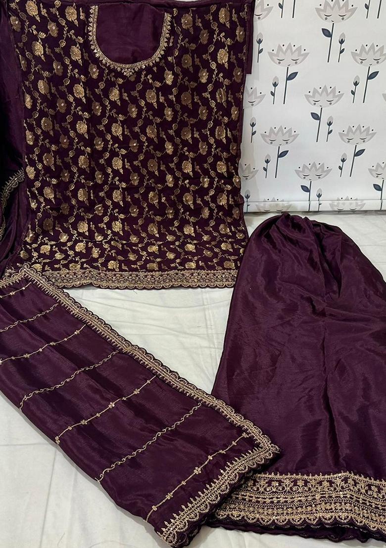 Wine Embroidered Viscose Chinon Kurta Set