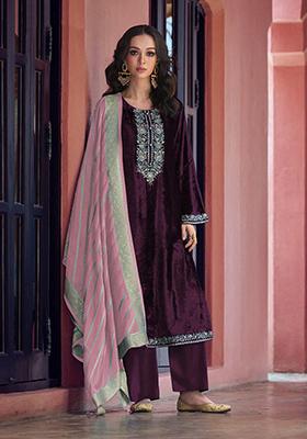 Purple Zari Sequin Embroidered Velvet Kurta Set