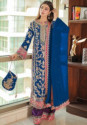 Navy Blue Embroidered Chinon Silk Kurta Set