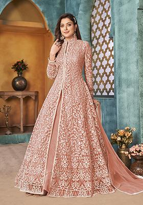 Peach Embroidered Net Anarkali Kurta Set