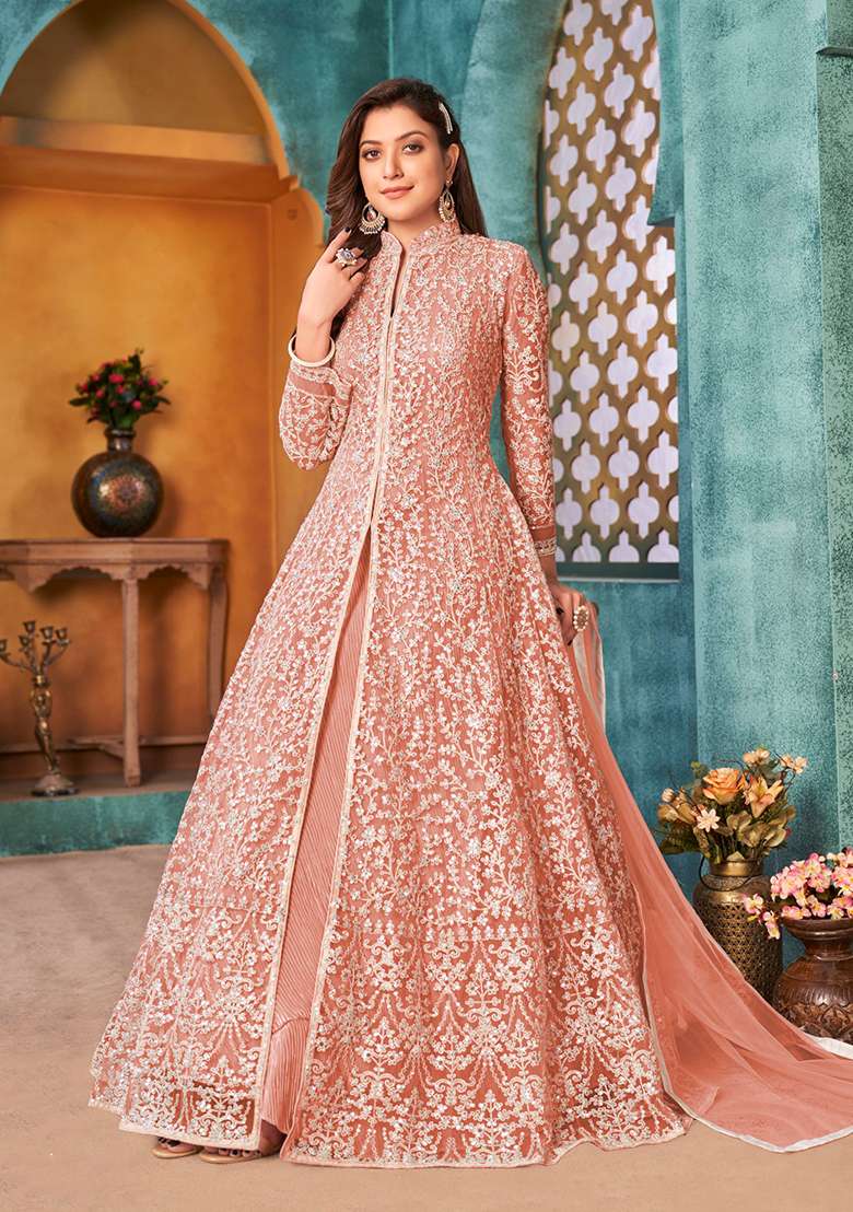Peach Embroidered Net Anarkali Set - Indya