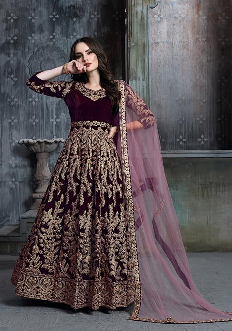 Dark Purple Embroidered Pure Velvet Anarkali Kurta Set