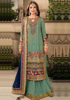 Sea Green Embroidered Faux Georgette Kurta Set