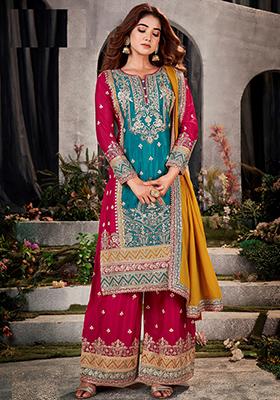 Green Red Zari Sequin Embroidered Chinon Silk Kurta Set