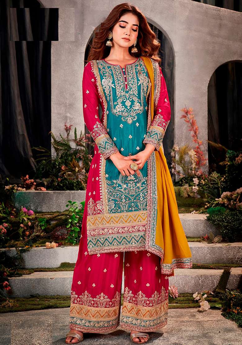Green Red Embroidered Silk Blend Sharara Set - Indya