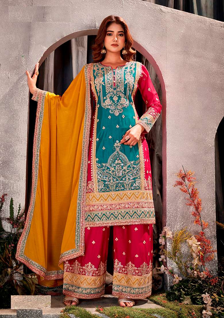 Green Red Embroidered Silk Blend Sharara Set - Indya