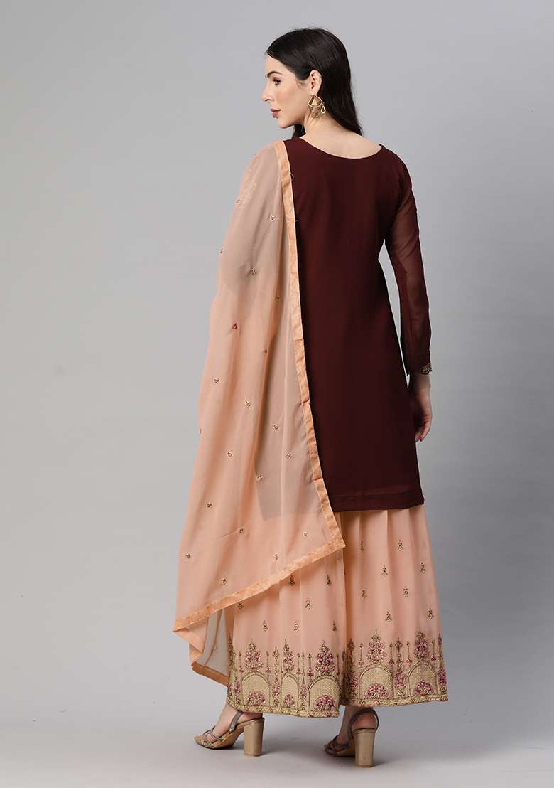 Brown Sequin Thread Embroidered Georgette Sharara Set - Indya