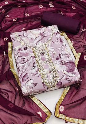 Purple Floral Print Poly Blend Kurta Set