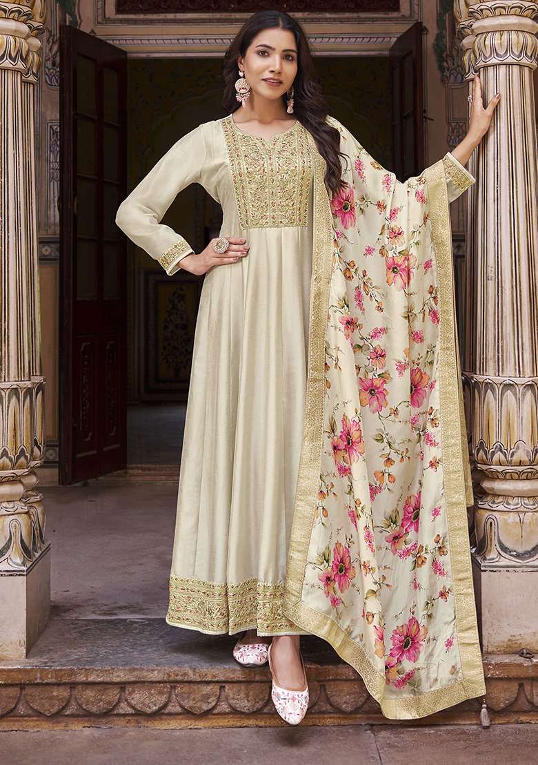 Cream Zari Sequin Embroidered Vichitra Silk Anarkali Kurta Set - Indya