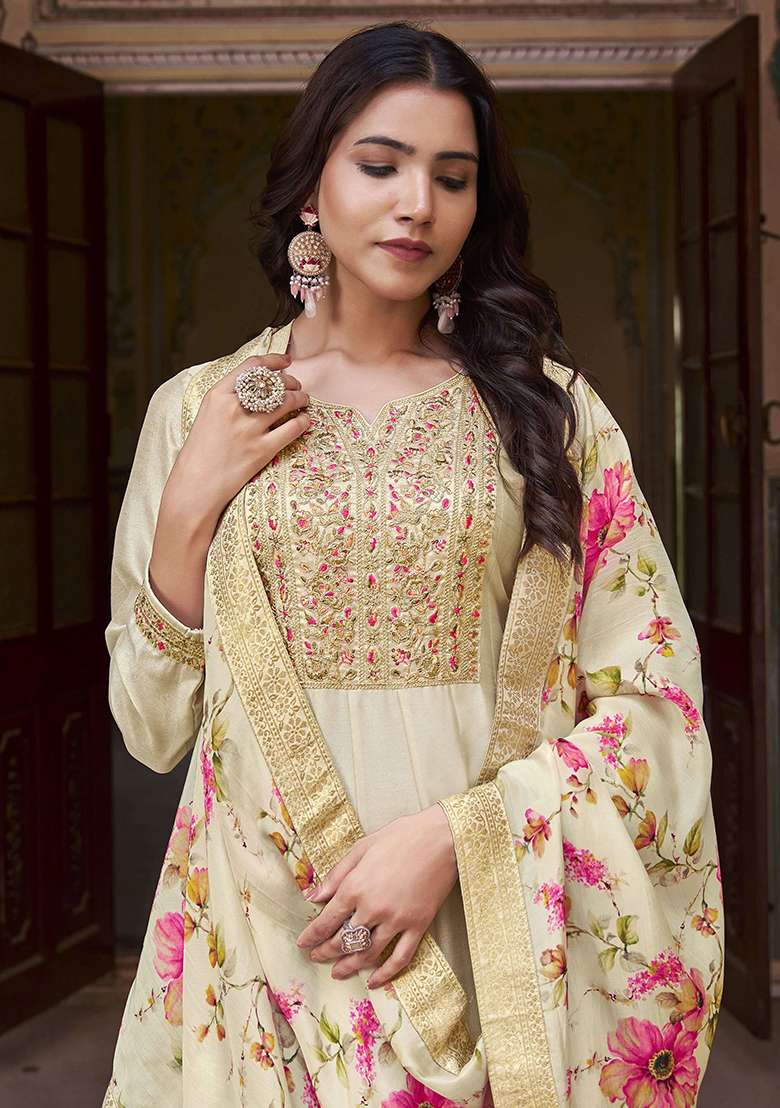 Cream Zari Sequin Embroidered Vichitra Silk Anarkali Kurta Set - Indya