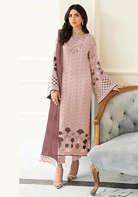 Peach Embroidered Faux Georgette Kurta Set
