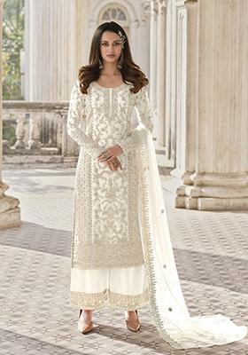 White Stone Work Embroidered Net Kurta Set