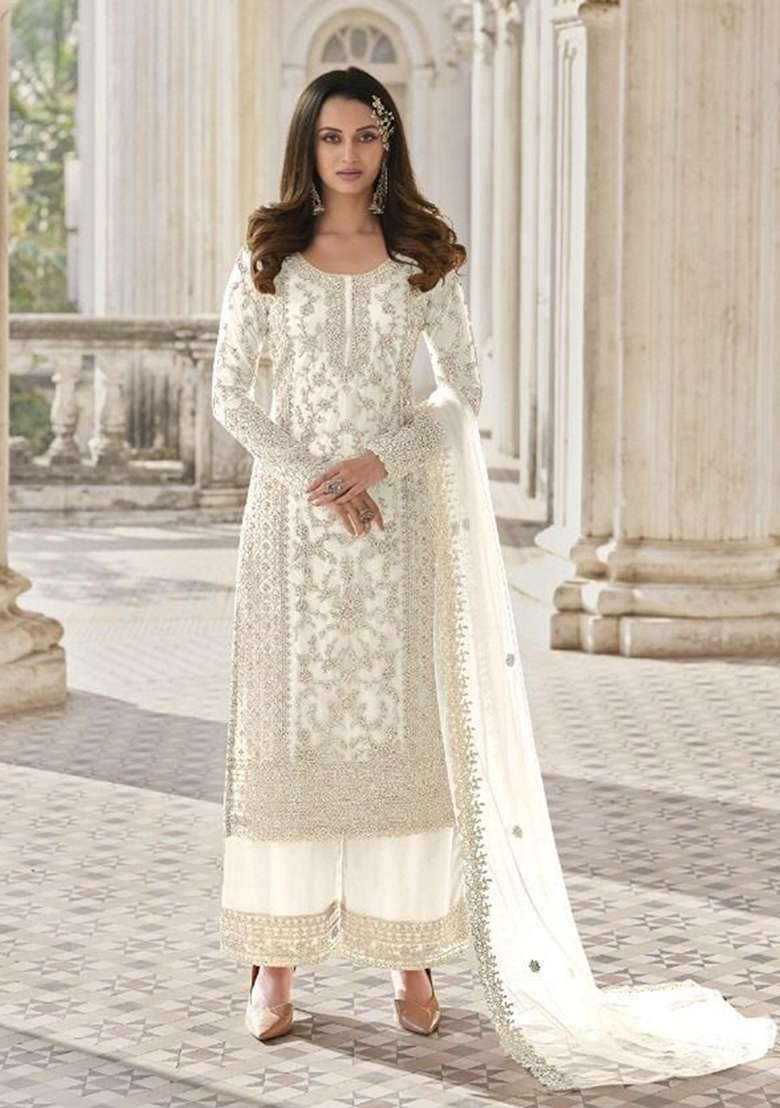 White Embroidered Net Pakistani Suit Set - Indya