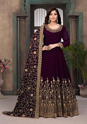 Purple Embroidered Faux Georgette Anarkali Kurta Set