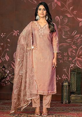 Peach Embroidered Poly Blend Kurta Set