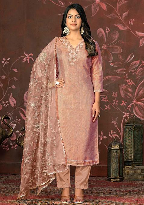 Peach Embroidered Poly Blend Kurta Set