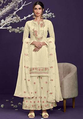 Off White Embroidered Georgette Kurta Set