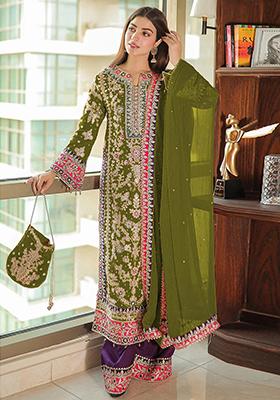 Coral Rani Pink Embroidered Chinon Silk Kurta Set