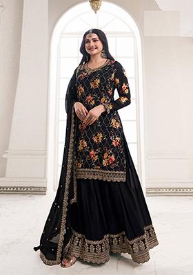 Black Zari Embroidered Art Silk Kurta Set