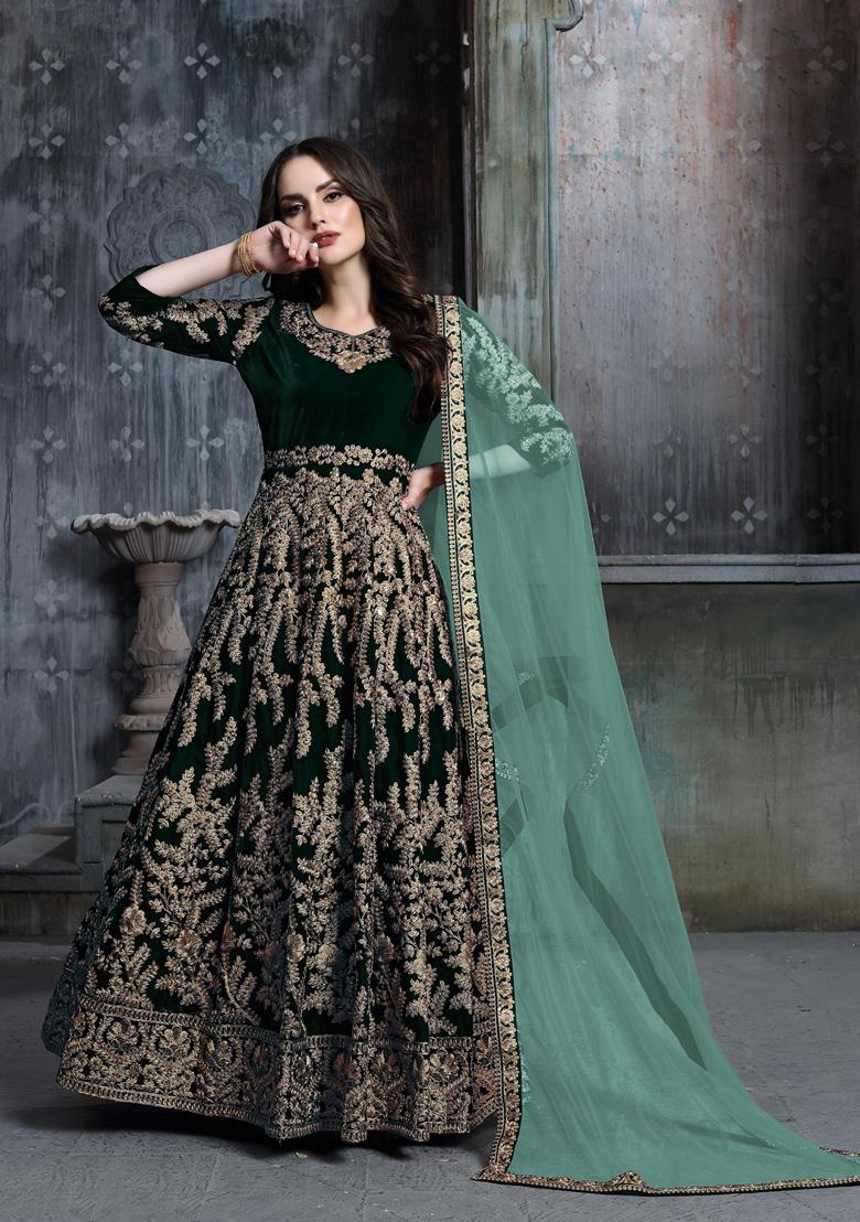 Dark Green Embroidered Pure Velvet Anarkali Kurta Set