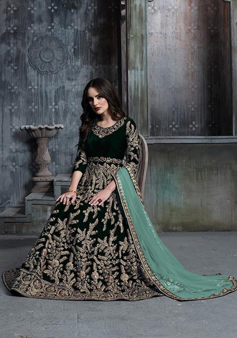 Dark Green Embroidered Pure Velvet Anarkali Kurta Set