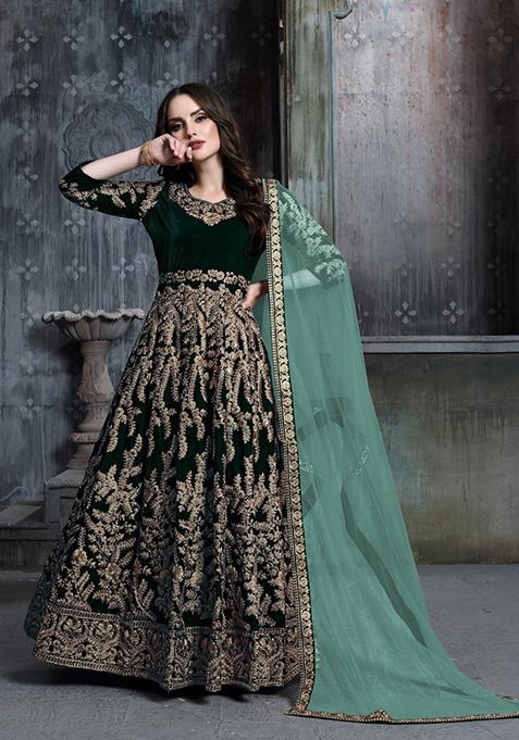 Dark Green Embroidered Pure Velvet Anarkali Kurta Set