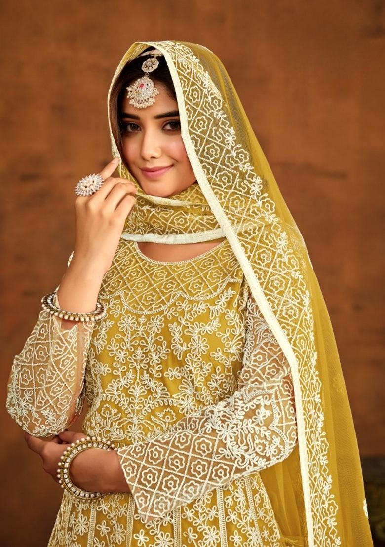 Yellow Embroidered Net Anarkali Kurta Set