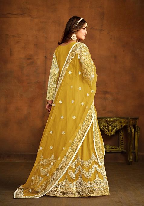 Yellow Embroidered Net Anarkali Kurta Set