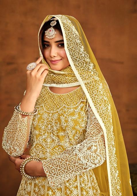 Yellow Embroidered Net Anarkali Kurta Set