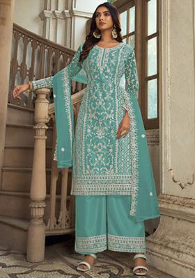 Aqua Blue Embroidered Net Kurta Set