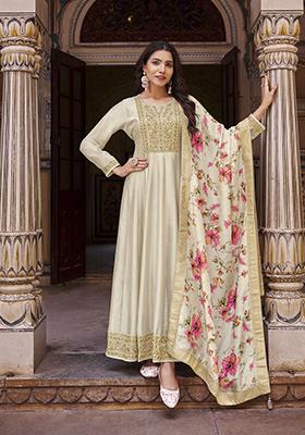 Cream Embroidered Poly Blend Kurta Set