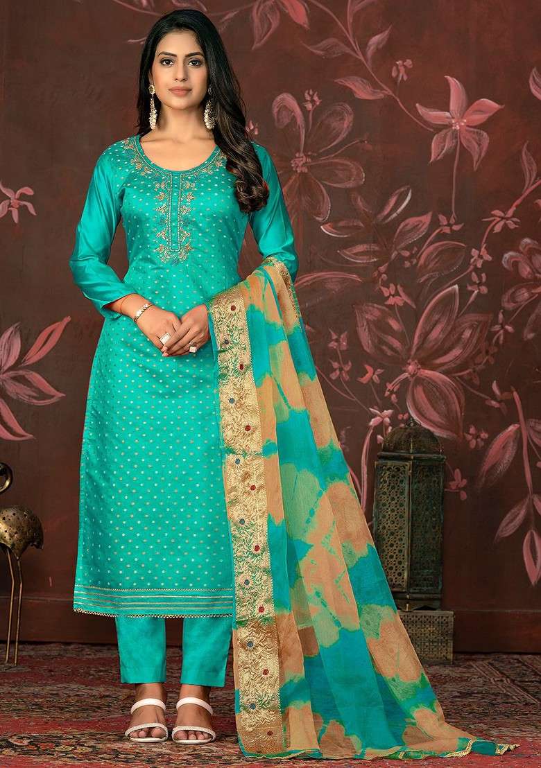 Sea Green Embroidered Poly Straight Kurta Set - Indya