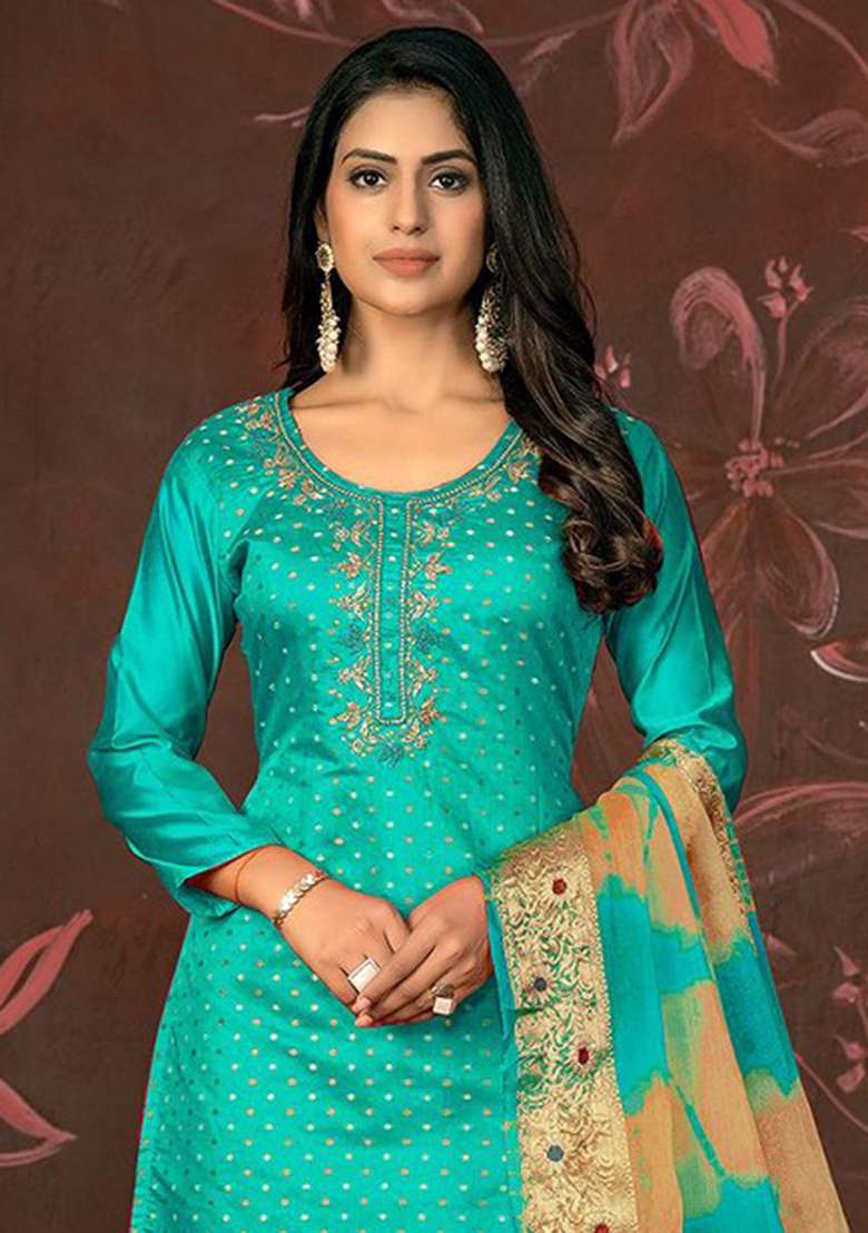 Sea Green Embroidered Poly Straight Kurta Set - Indya