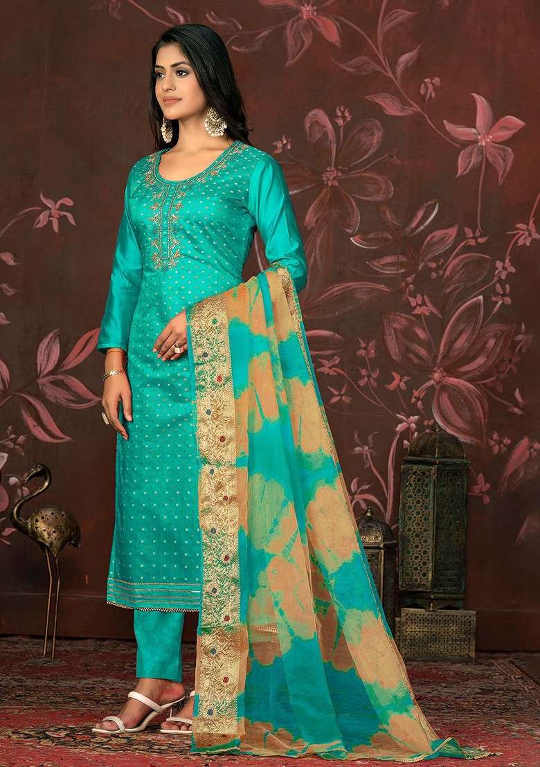 Sea Green Embroidered Poly Straight Kurta Set - Indya