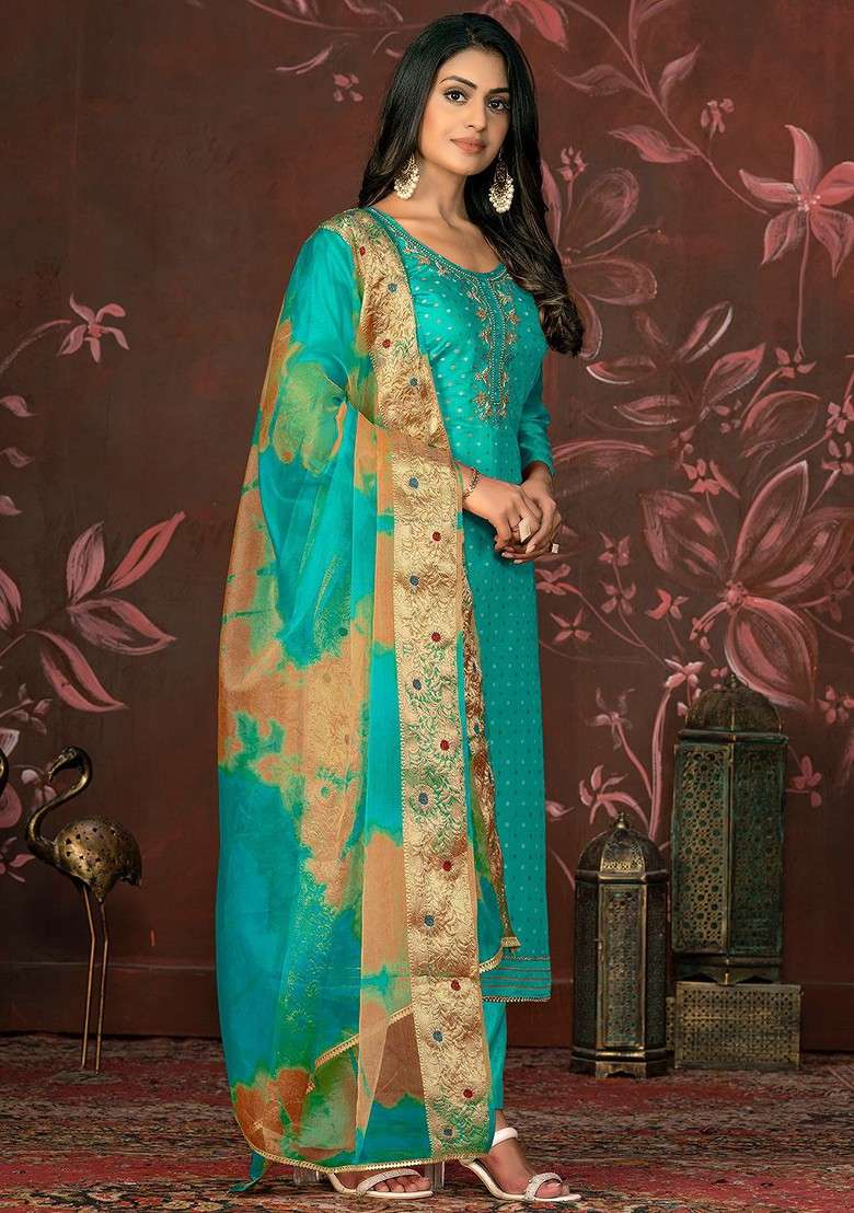 Sea Green Embroidered Poly Straight Kurta Set - Indya