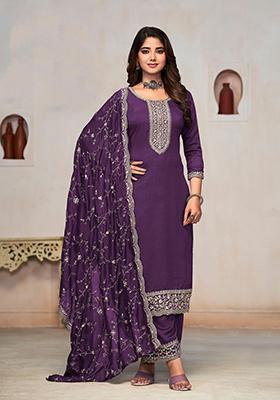 Purple Embroidered Vichitra Kurta Set
