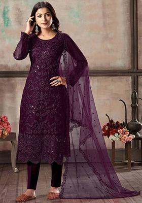 Wine Embroidered Net Kurta Set
