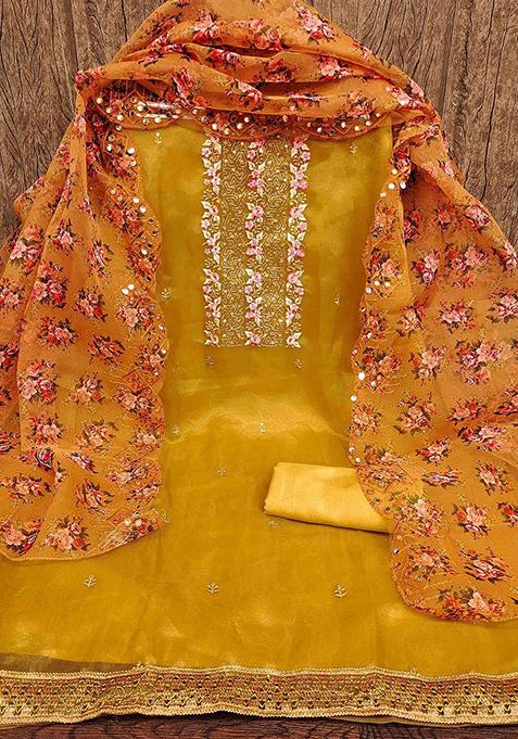 Yellow Embroidered Organza Straight Kurta Set