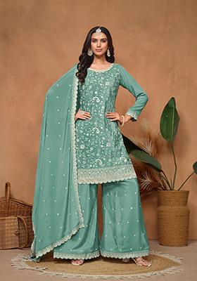 Purple Embroidered Poly Blend Kurta Set