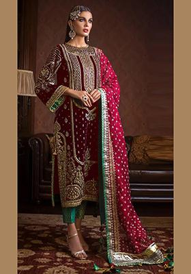 Maroon Embroidered Velvet Kurta Set