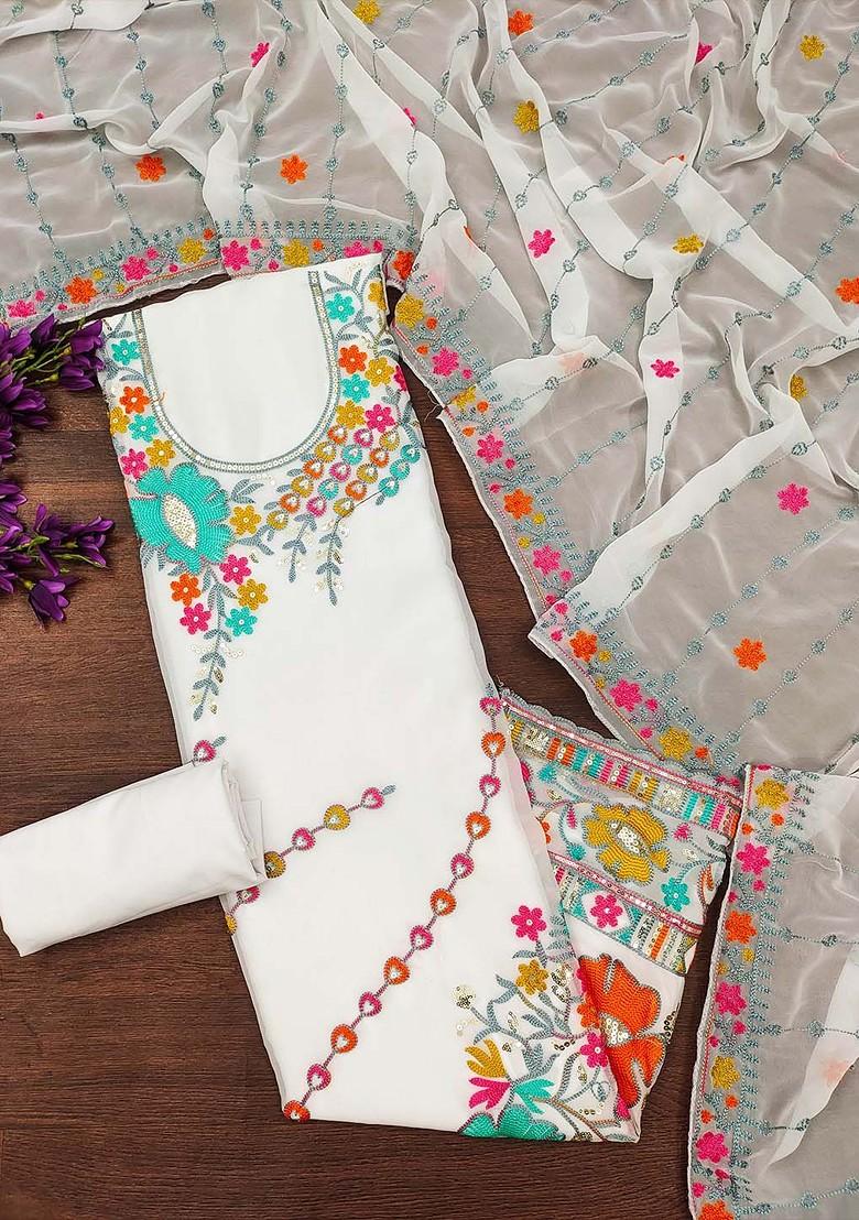 White Embroidered Poly Blend Kurta Set
