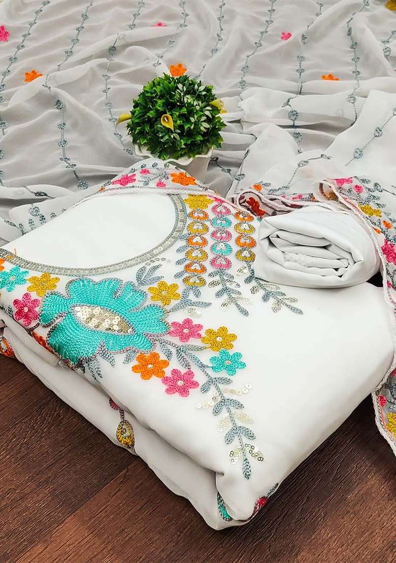 White Embroidered Poly Blend Kurta Set - Indya