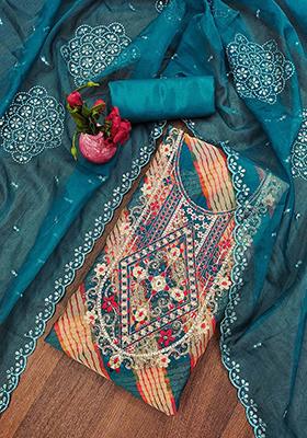 Teal Blue Embellished Organza Kurta Set