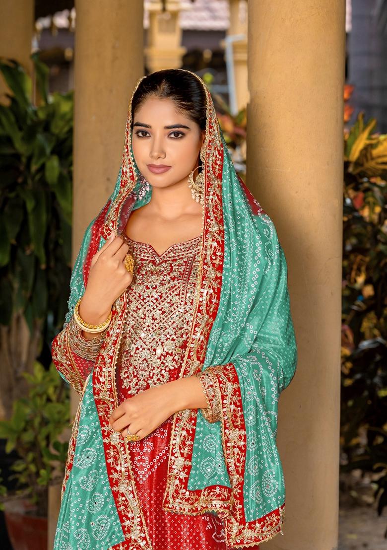 Red Bandhani Print Poly Blend Kurta Set