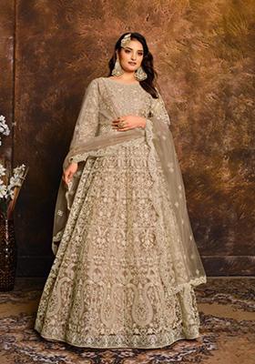 Mehendi Embroidered Net Anarkali Kurta Set